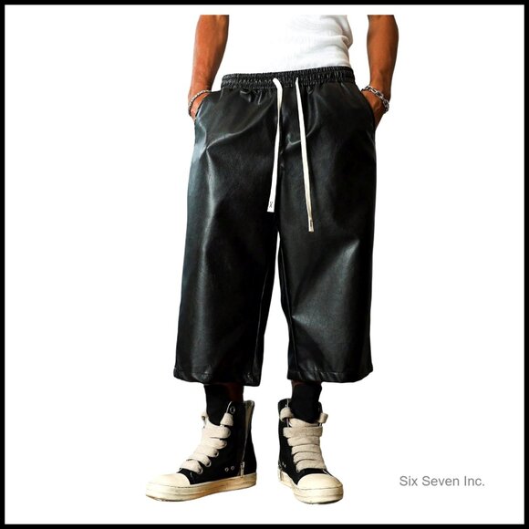 PU Leather Shorts Wide Leg Bermuda Capris Hip Hop Streetwear Elastic Waist